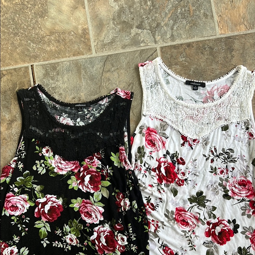 Floral Lace Tank Tops - Black and White
